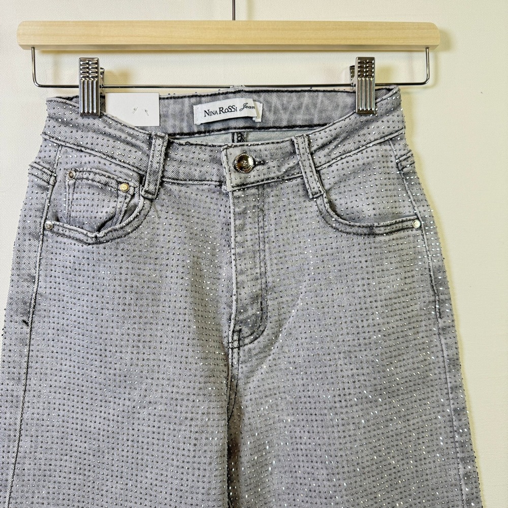 NINA ROSSI Grey Rhinestone Embellished Wide Leg Jeans S - Picture 3 of 8